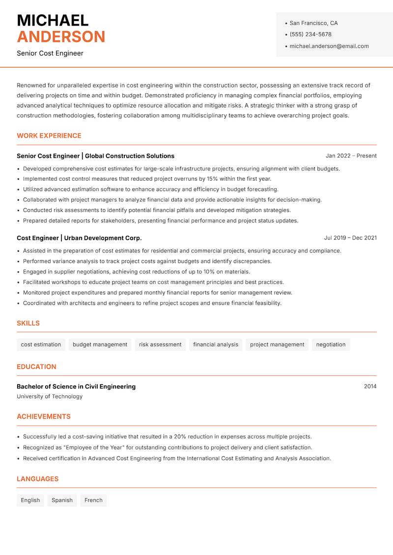 Construction Cost Engineer resume template — Modern Professional