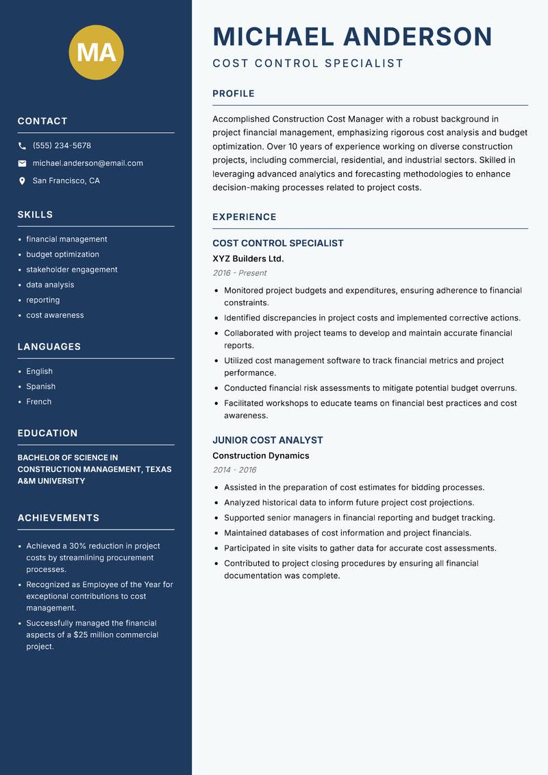 Construction Cost Manager resume template — Classic Clean