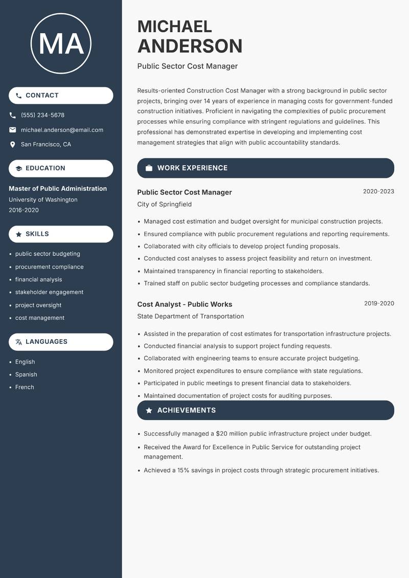 Construction Cost Manager resume template — Compact