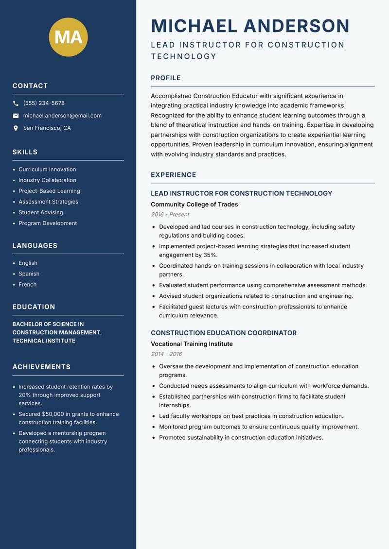 Construction Educator resume template — Classic Clean