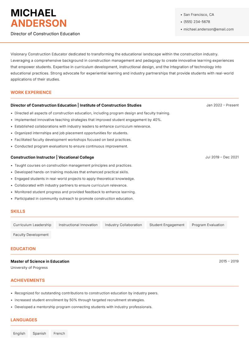 Construction Educator resume template — Modern Professional