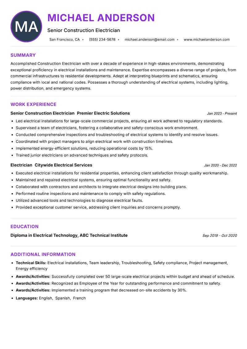Construction Electrician resume example — ATS-friendly template