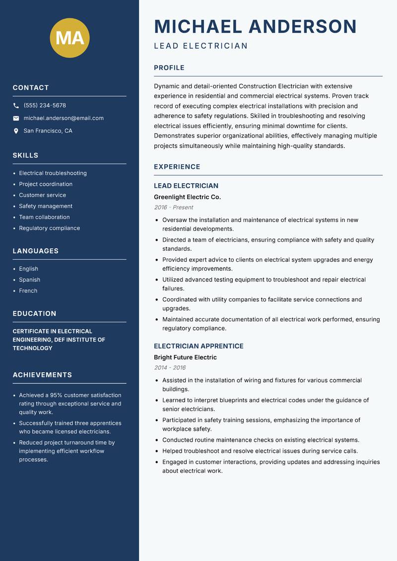 Construction Electrician resume template — Classic Clean