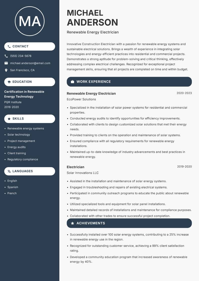 Construction Electrician resume template — Compact