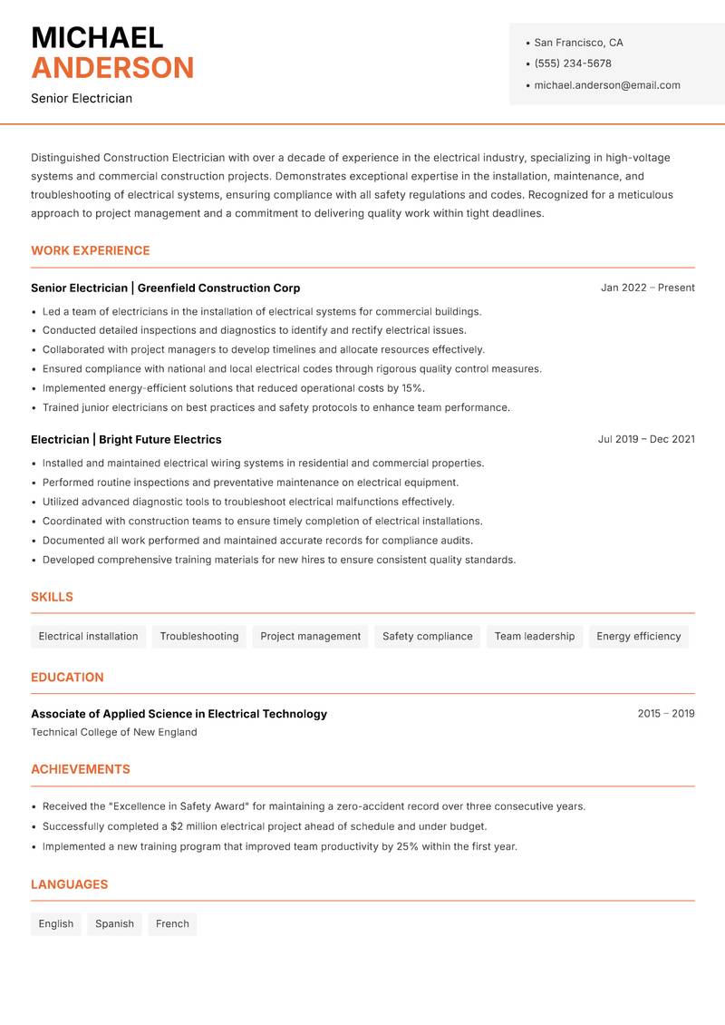 Construction Electrician resume template — Modern Professional