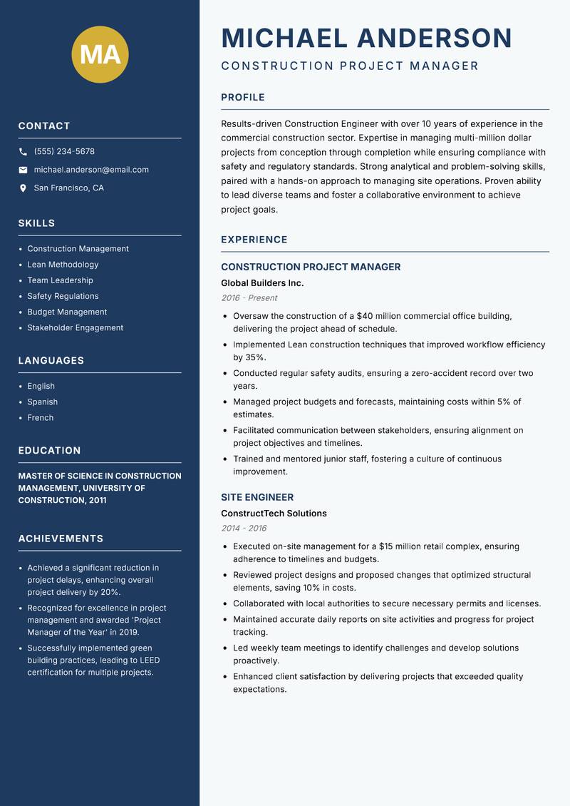 Construction Engineer resume template — Classic Clean