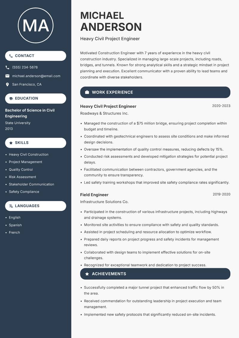Construction Engineer resume template — Compact