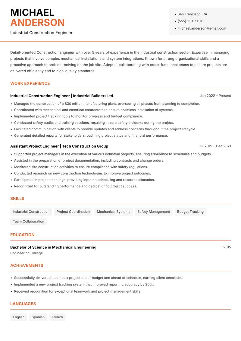 Construction Engineer resume template — Modern Professional