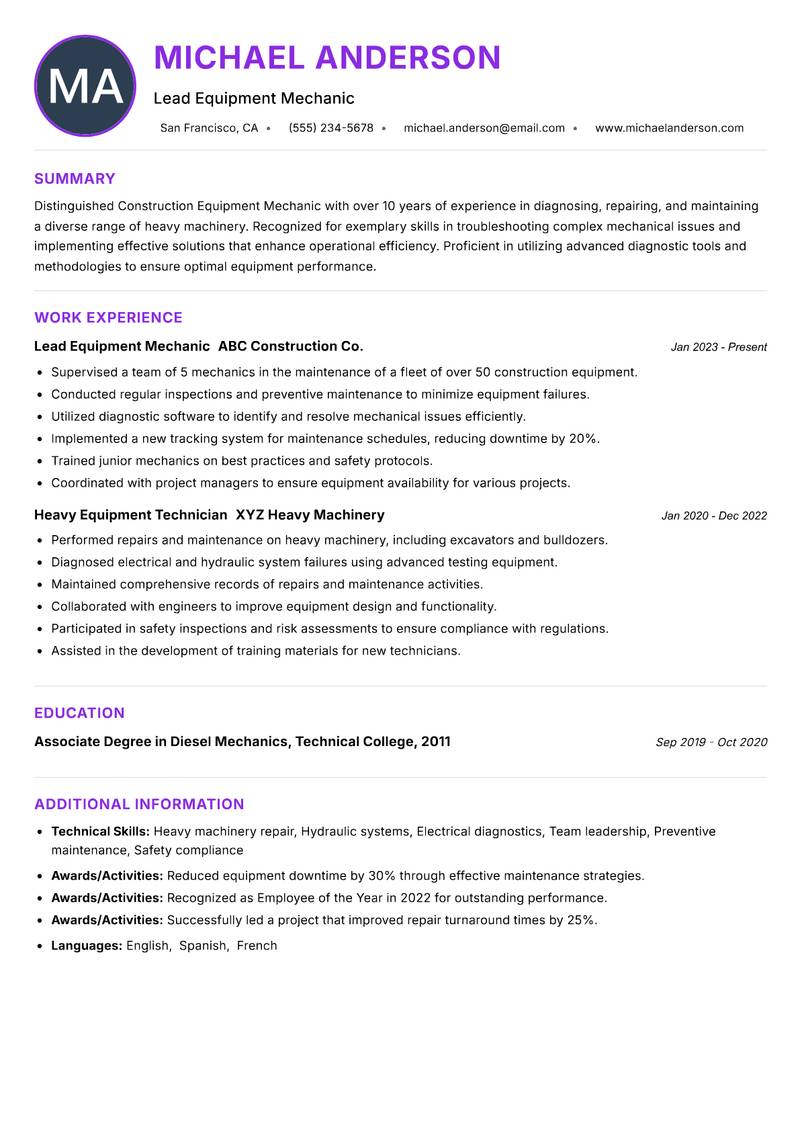 Construction Equipment Mechanic resume example — ATS-friendly template