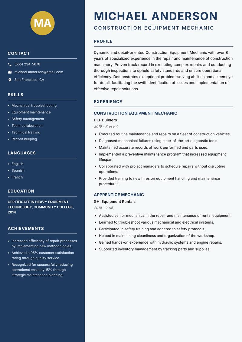 Construction Equipment Mechanic resume template — Classic Clean