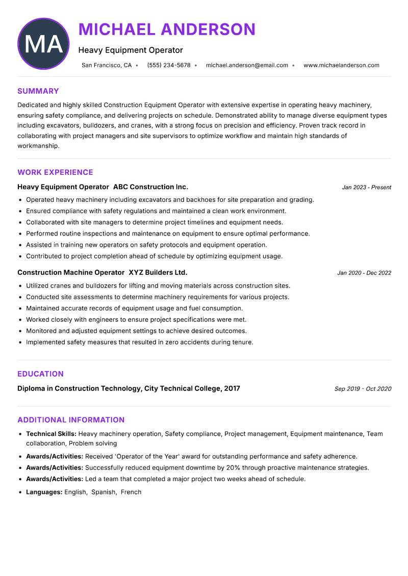 Construction Equipment Operator resume example — ATS-friendly template