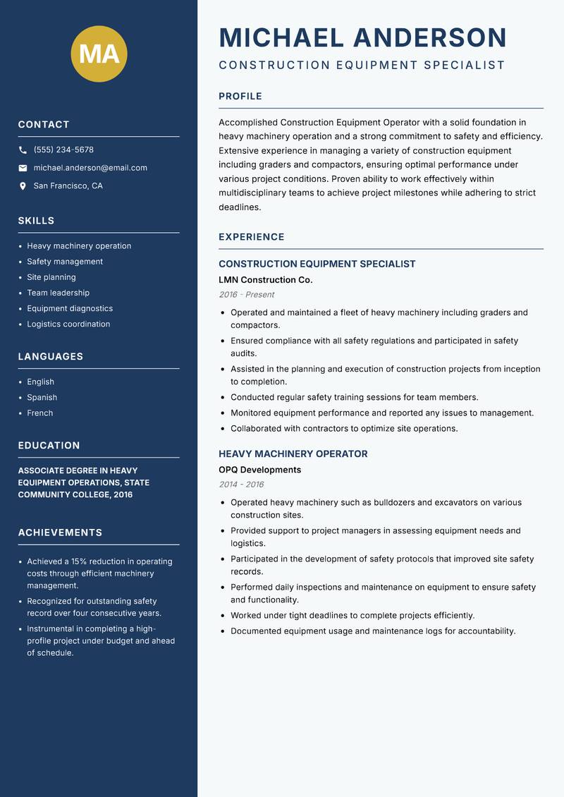Construction Equipment Operator resume template — Classic Clean