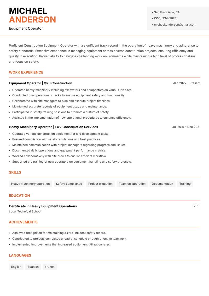 Construction Equipment Operator resume template — Modern Professional