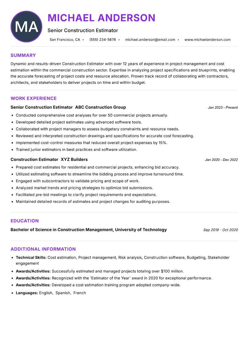 Construction Estimator resume example — ATS-friendly template