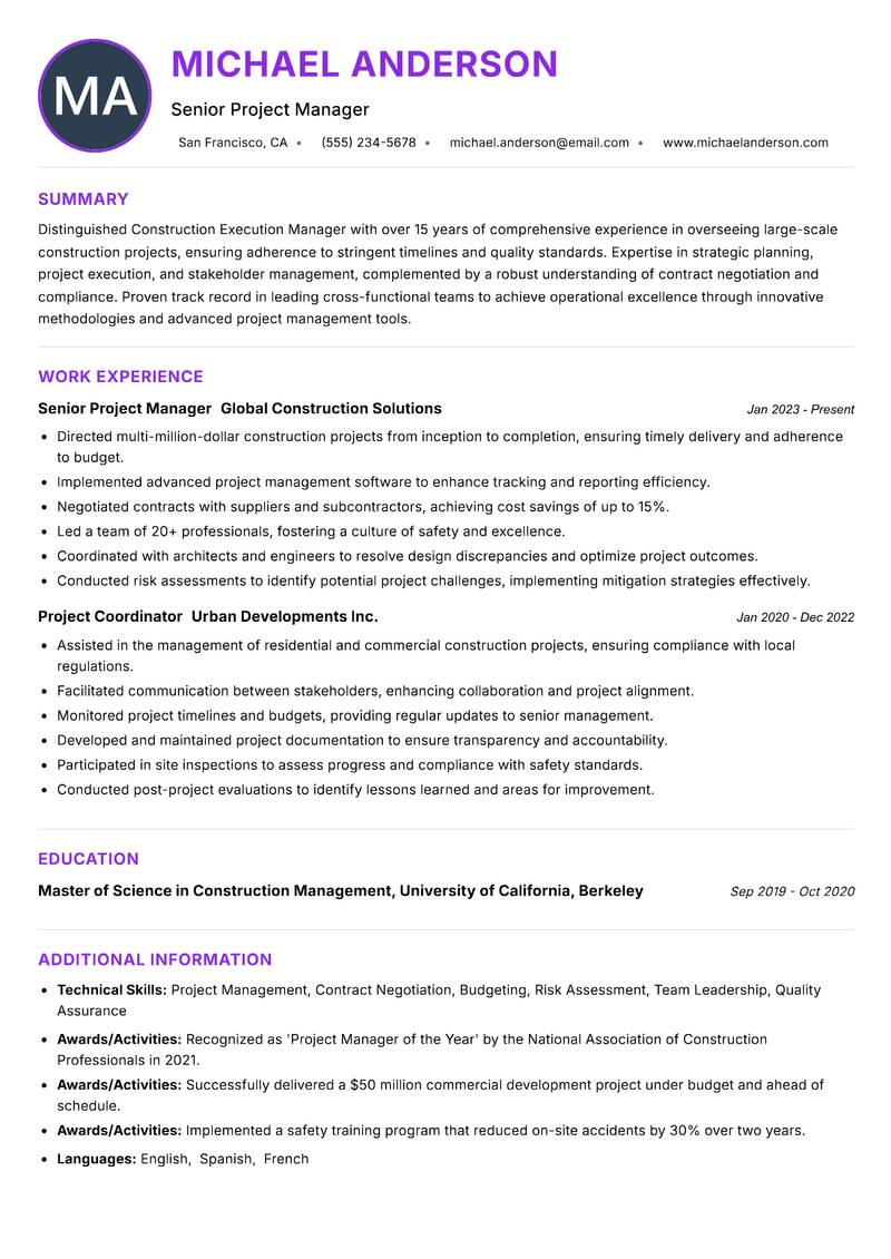 Construction Execution Manager resume example — ATS-friendly template