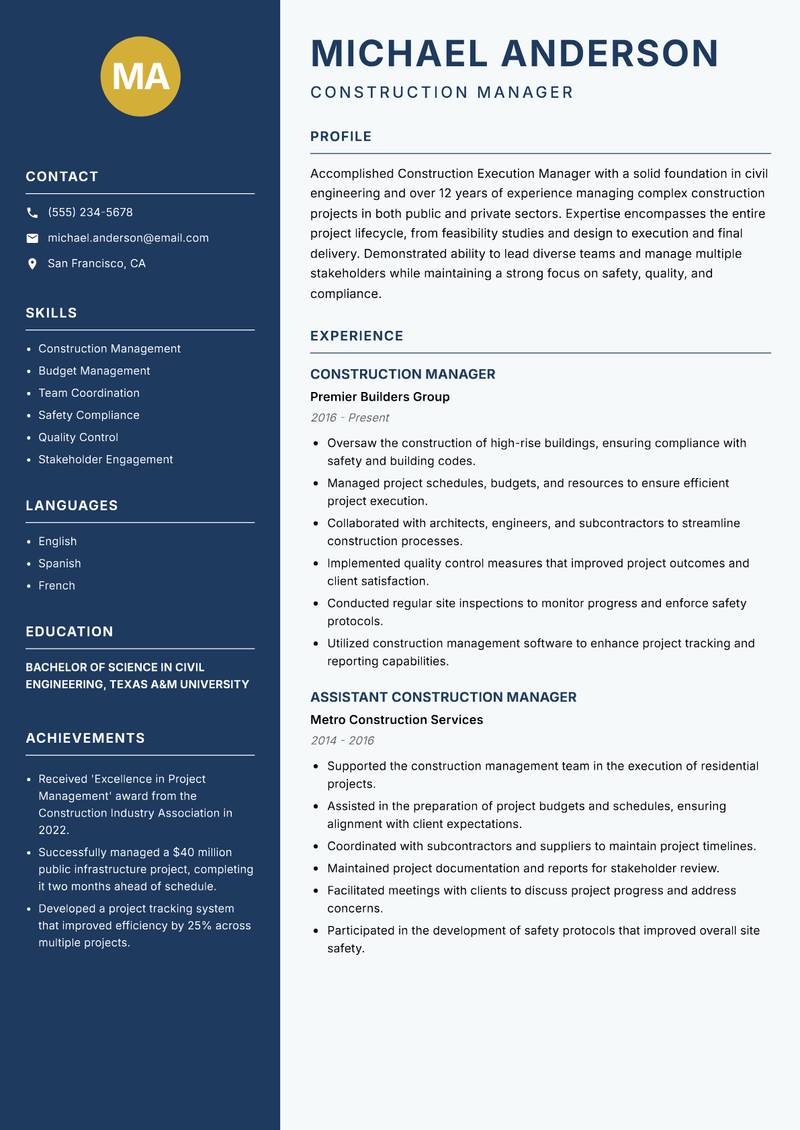 Construction Execution Manager resume template — Classic Clean