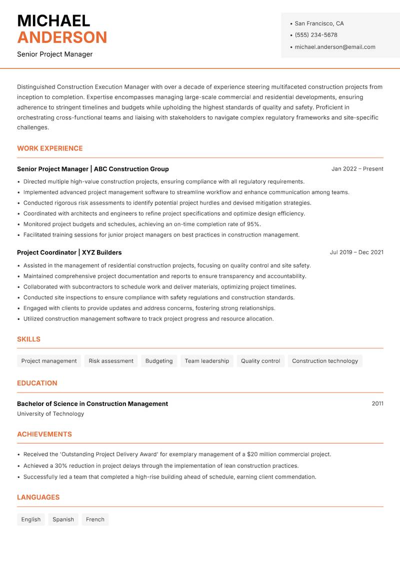 Construction Execution Manager resume template — Modern Professional