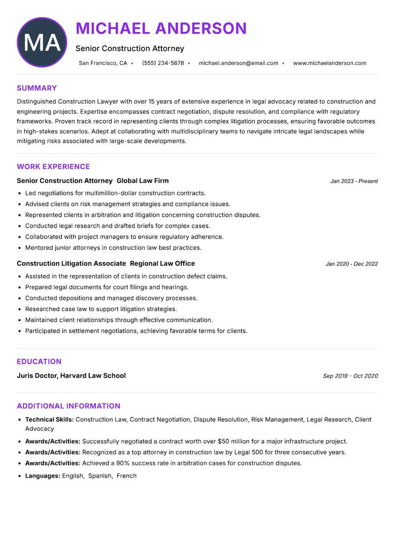 Construction Lawyer resume example — ATS-friendly template