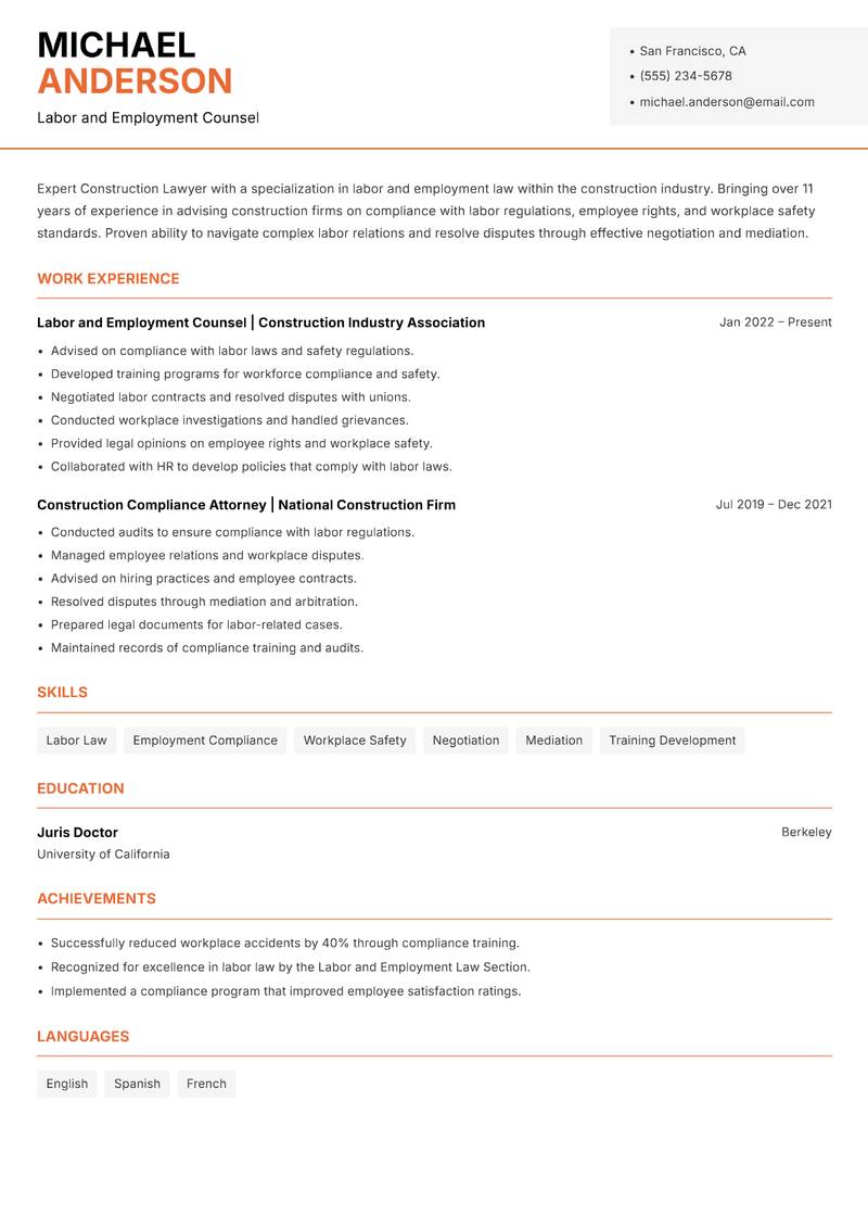 Construction Lawyer resume template — Modern Professional