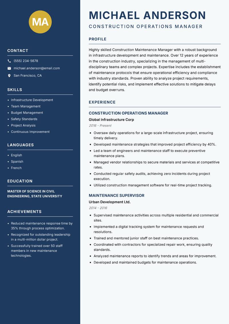 Construction Maintenance Manager resume template — Classic Clean