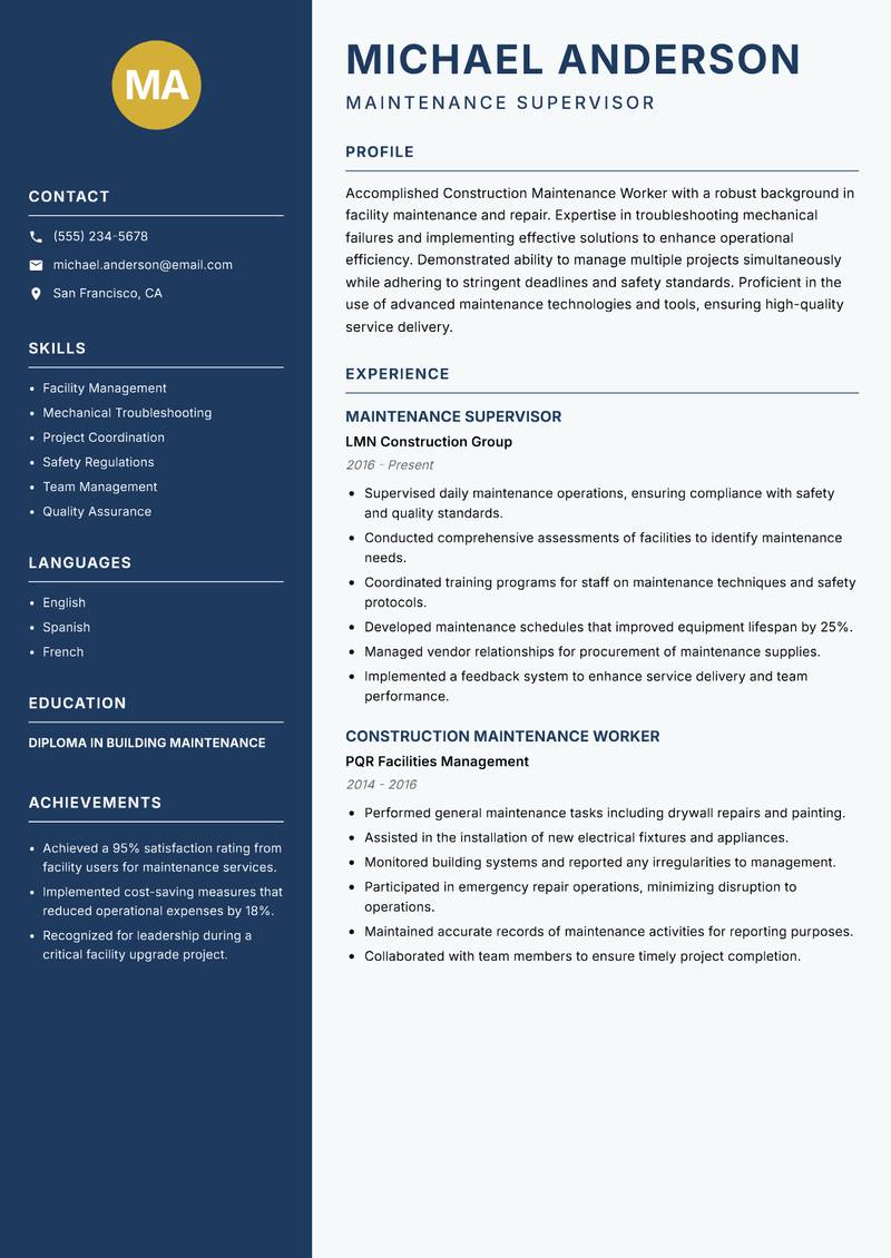 Construction Maintenance Worker resume template — Classic Clean