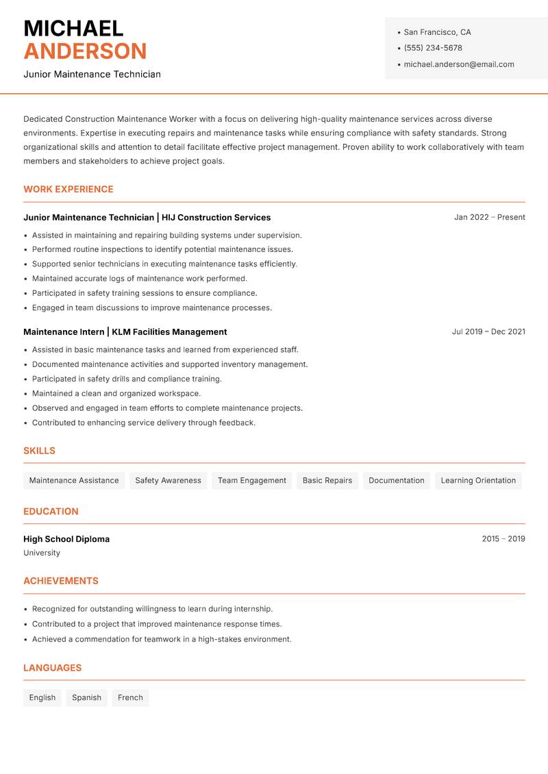 Construction Maintenance Worker resume template — Modern Professional