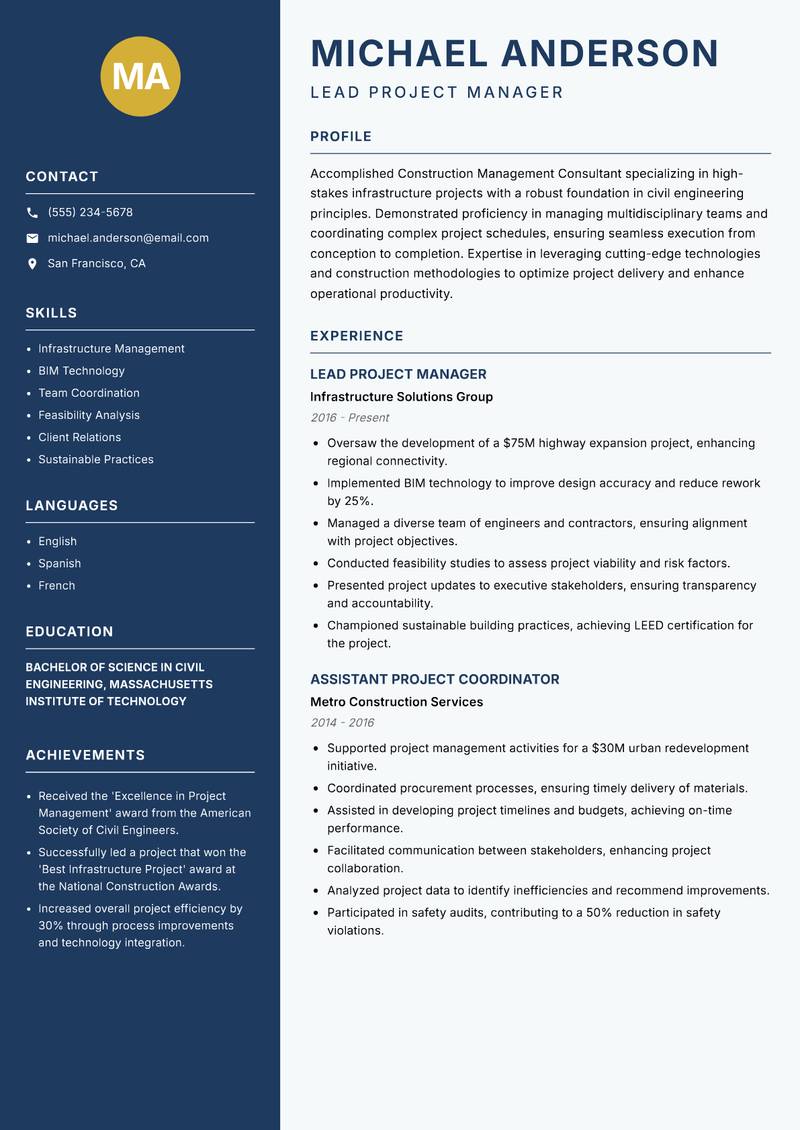 Construction Management Consultant resume template — Classic Clean
