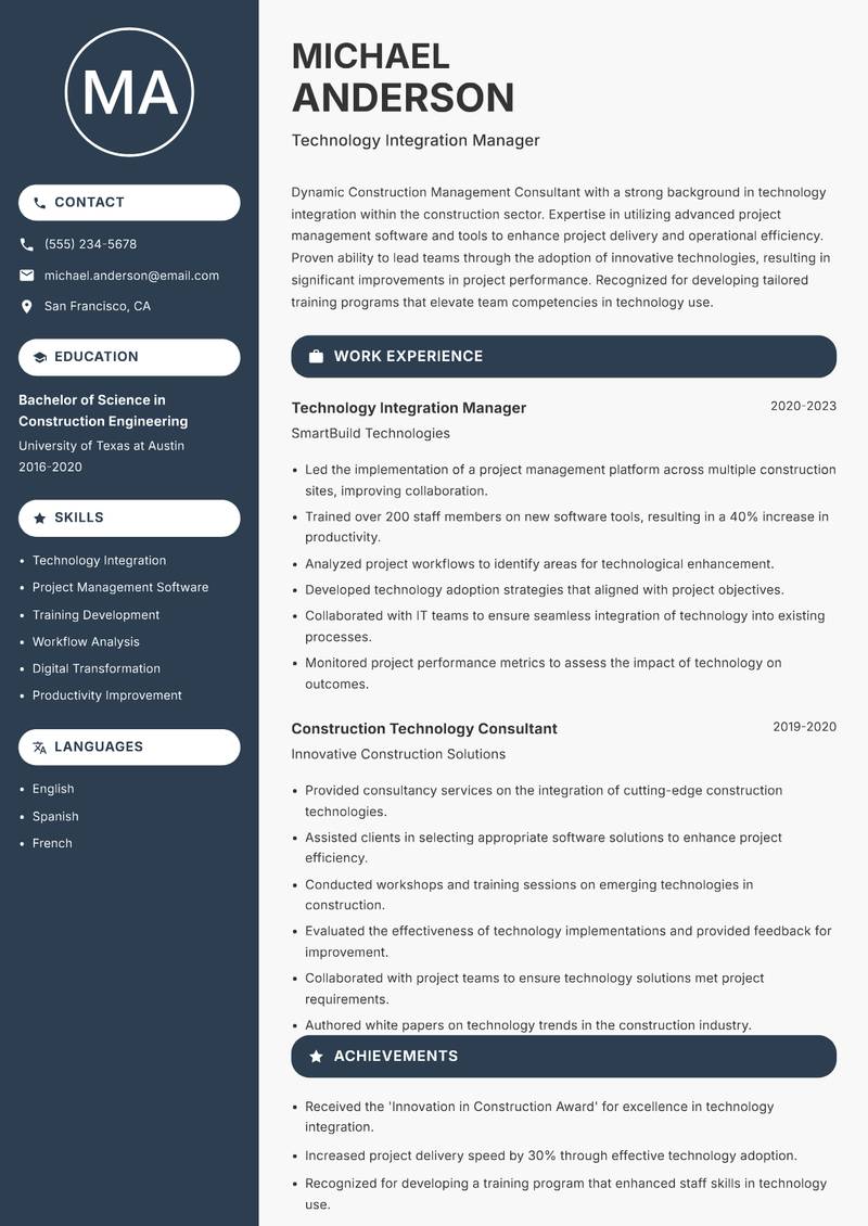 Construction Management Consultant resume template — Compact
