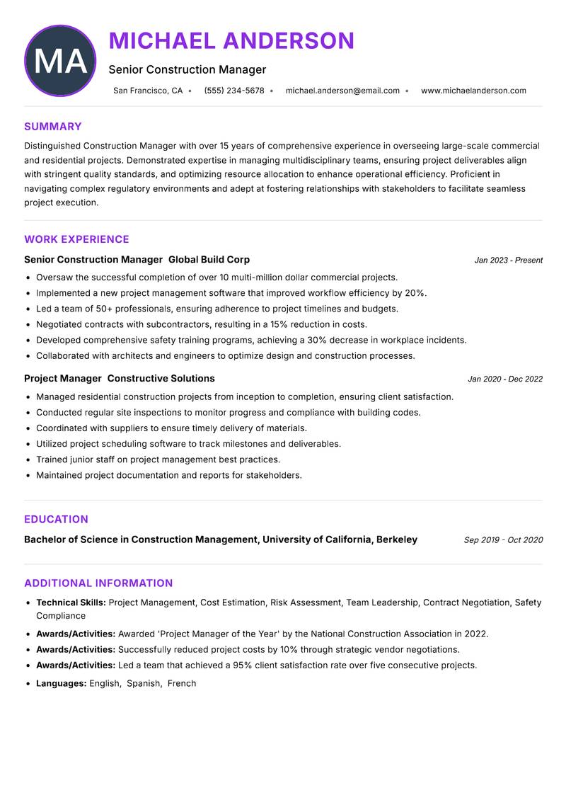 Construction Manager resume example — ATS-friendly template