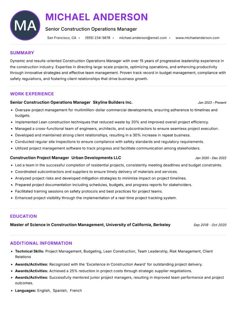Construction Operations Manager resume example — ATS-friendly template