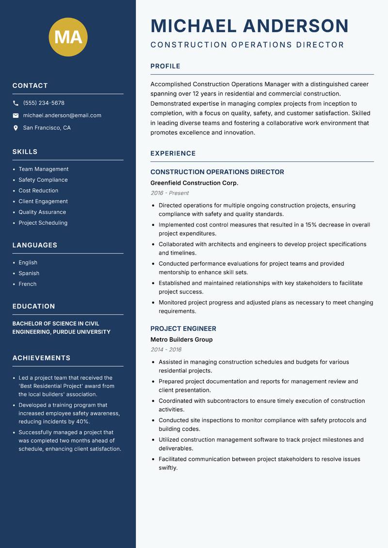 Construction Operations Manager resume template — Classic Clean