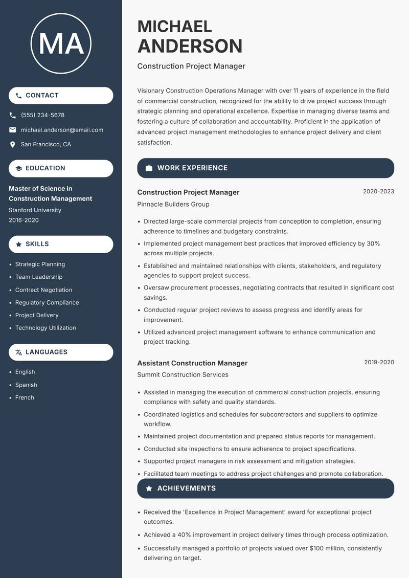 Construction Operations Manager resume template — Compact