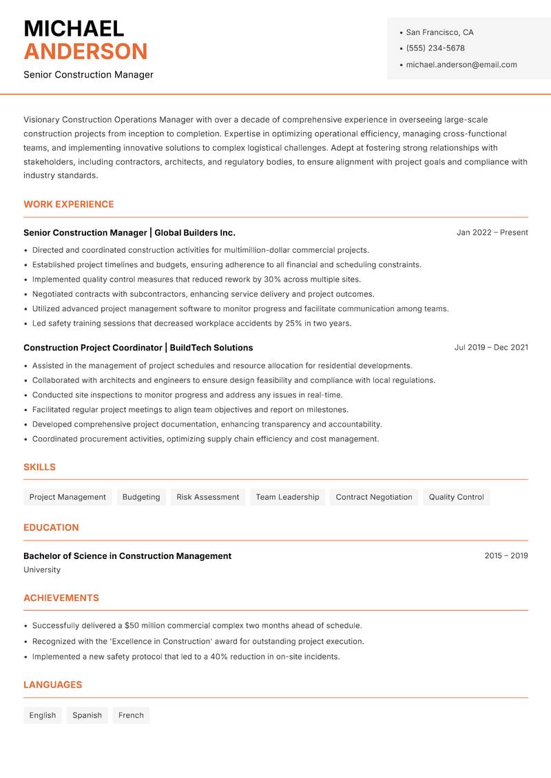 Construction Operations Manager resume template — Modern Professional