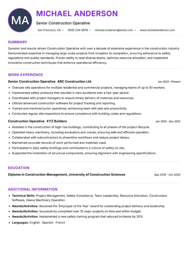 Construction Operative resume example — ATS-friendly template