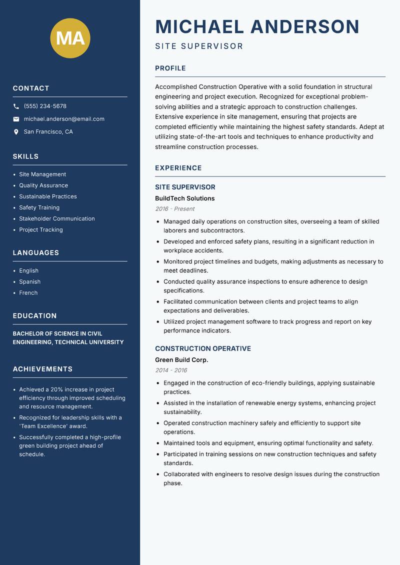 Construction Operative resume template — Classic Clean