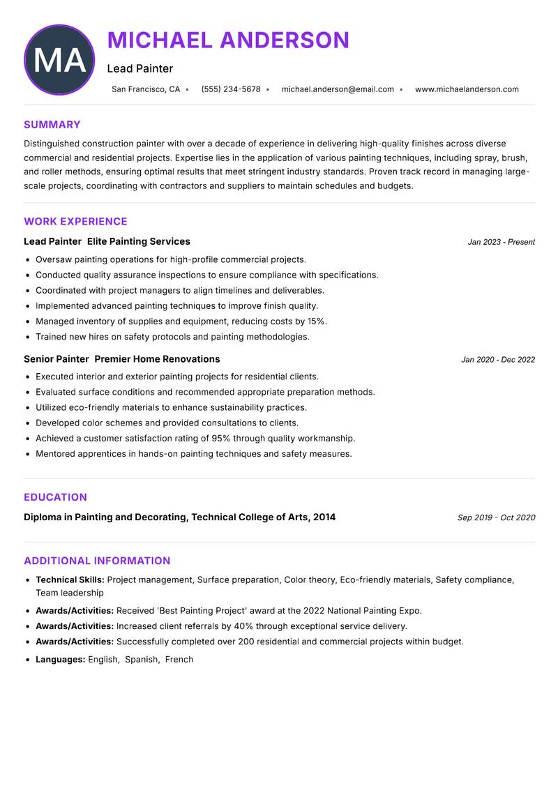 Construction Painter resume example — ATS-friendly template