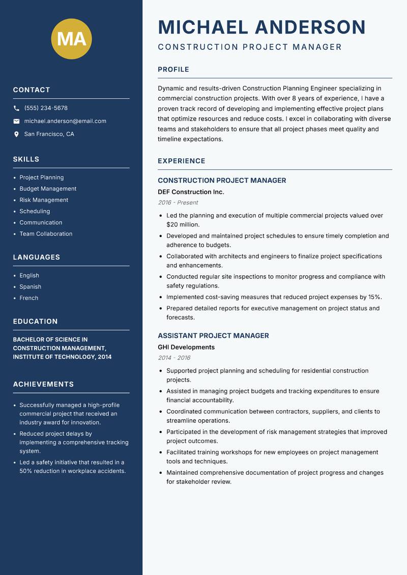 Construction Planning Engineer resume template — Classic Clean
