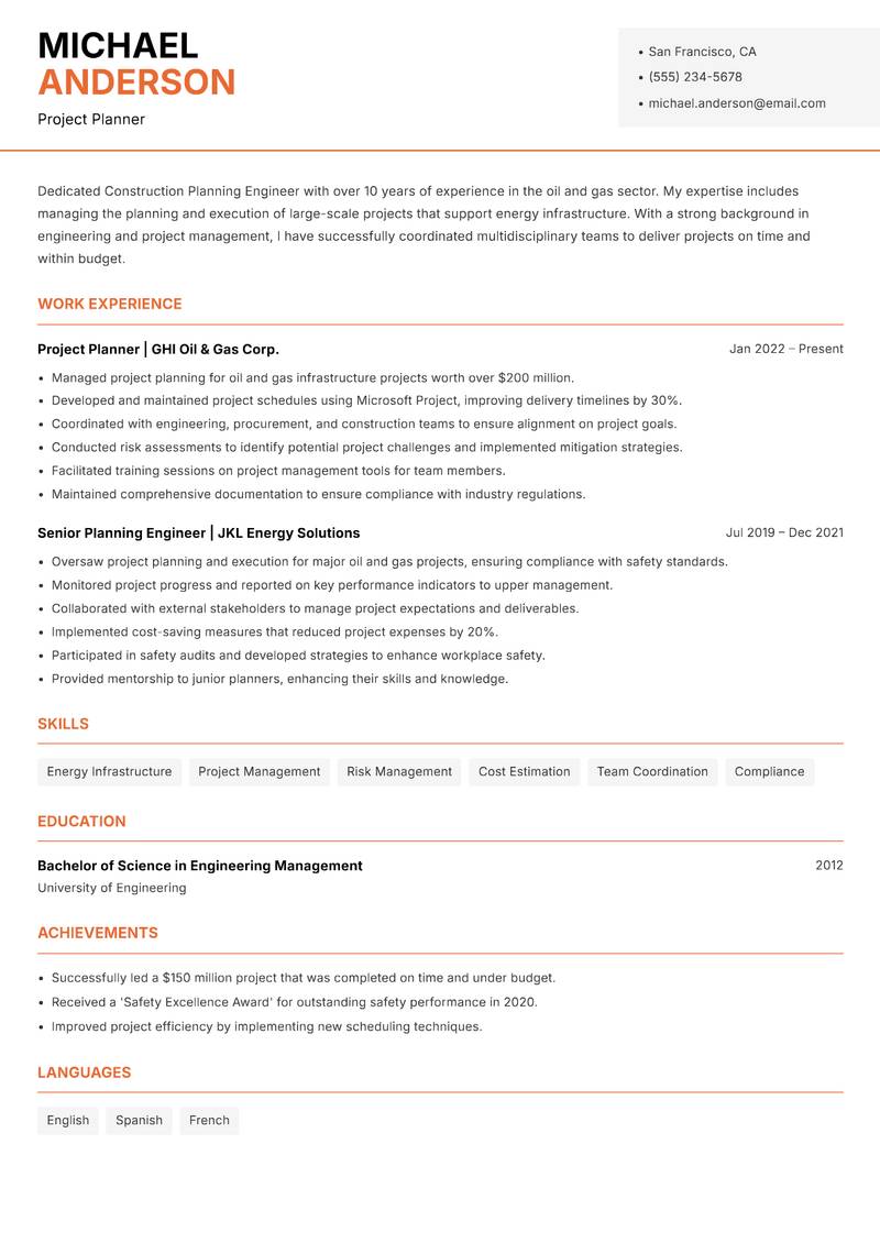 Construction Planning Engineer resume template — Modern Professional