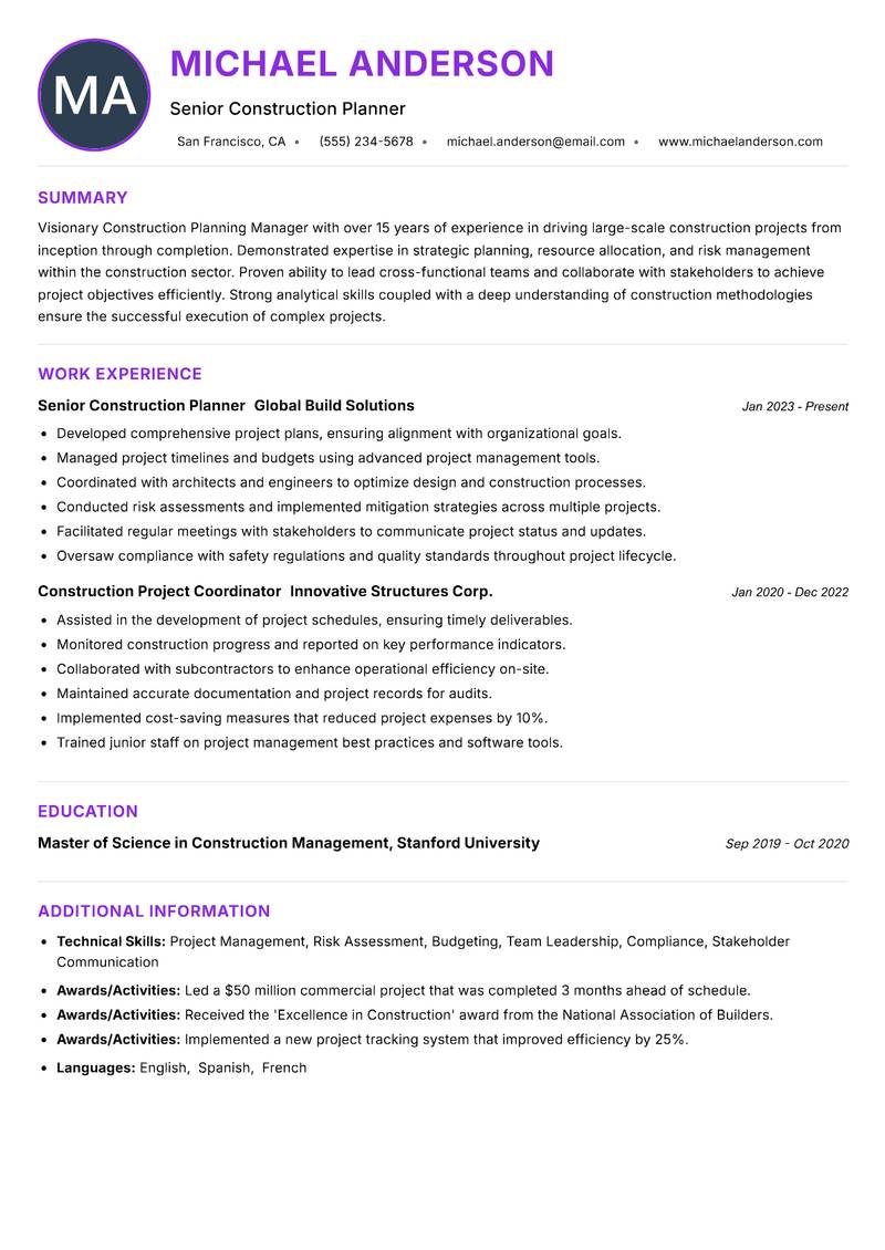 Construction Planning Manager resume example — ATS-friendly template