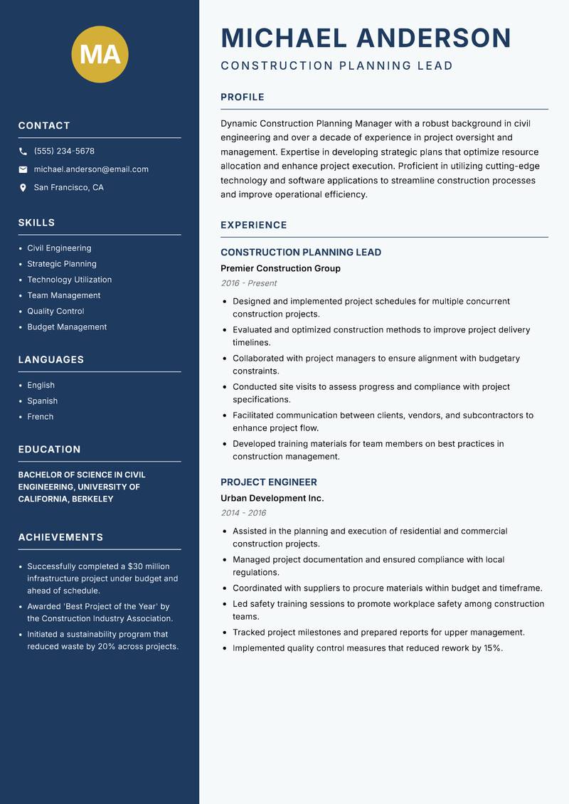 Construction Planning Manager resume template — Classic Clean
