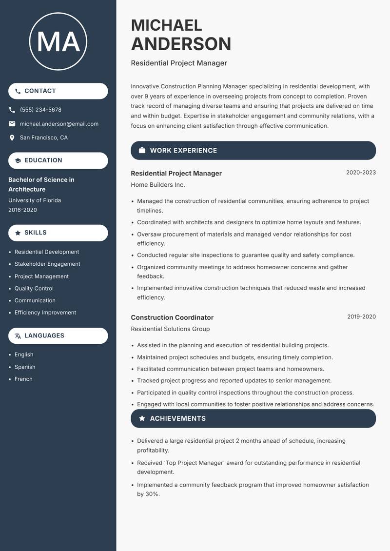 Construction Planning Manager resume template — Compact