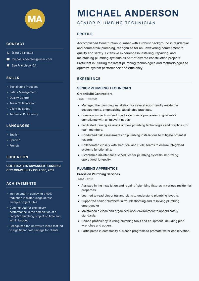 Construction Plumber resume template — Classic Clean