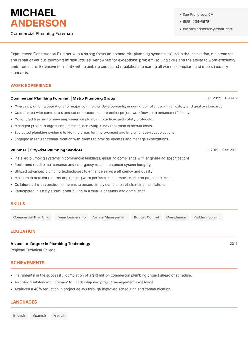 Construction Plumber resume template — Modern Professional