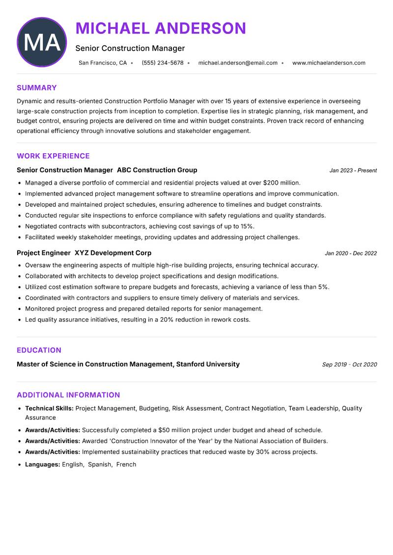 Construction Portfolio Manager resume example — ATS-friendly template