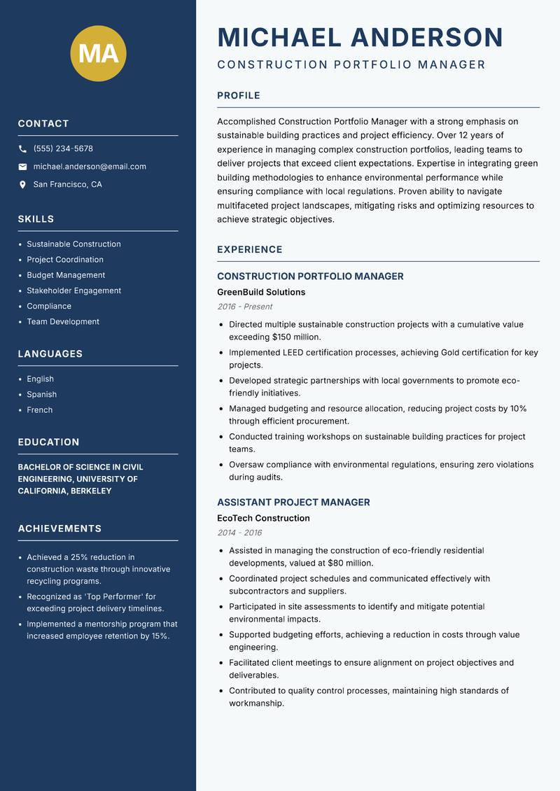 Construction Portfolio Manager resume template — Classic Clean