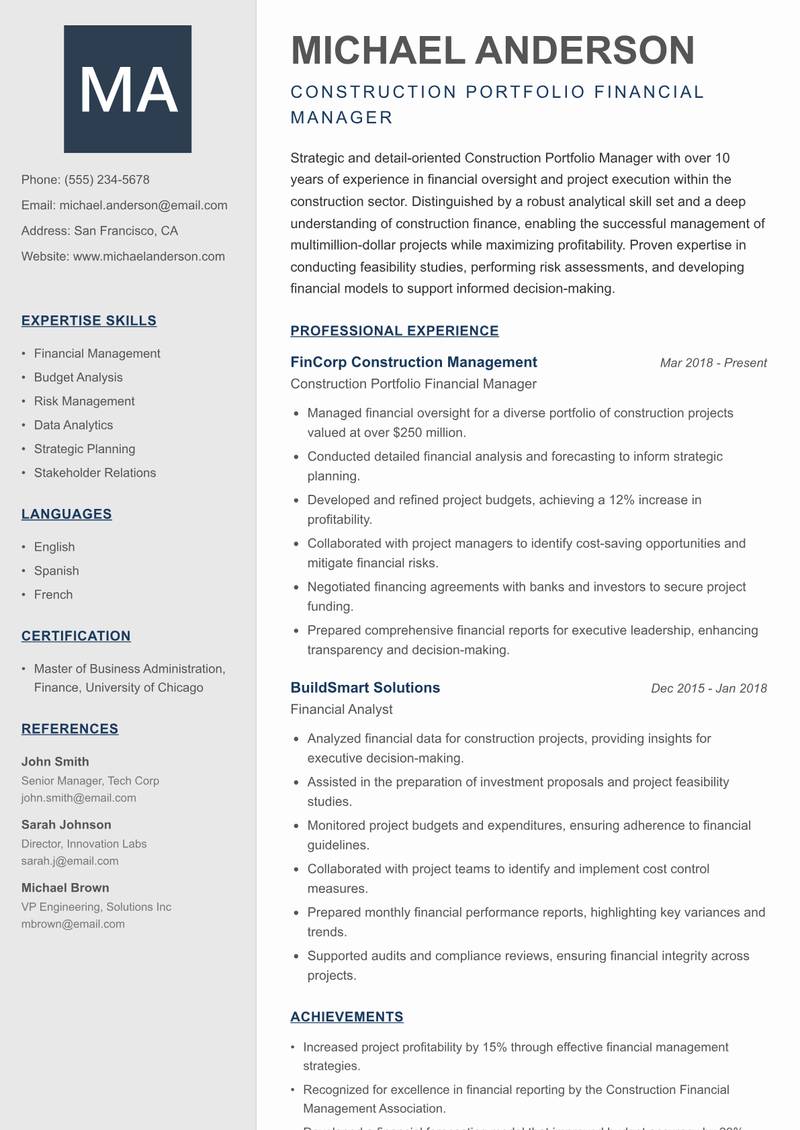 Construction Portfolio Manager resume template — Creative Minimal