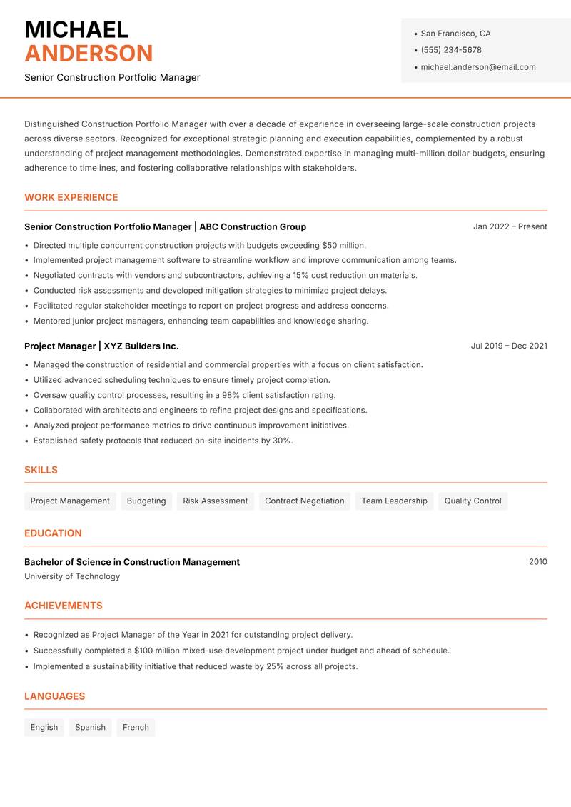 Construction Portfolio Manager resume template — Modern Professional