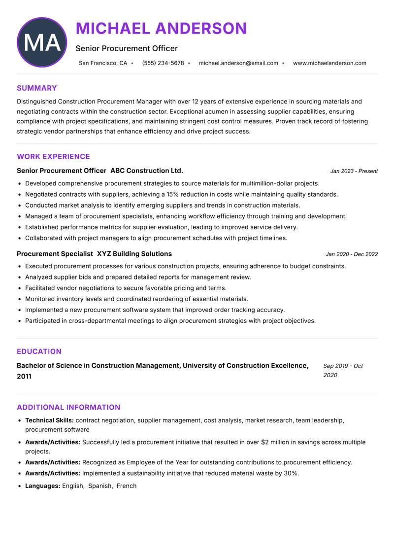 Construction Procurement Manager resume example — ATS-friendly template