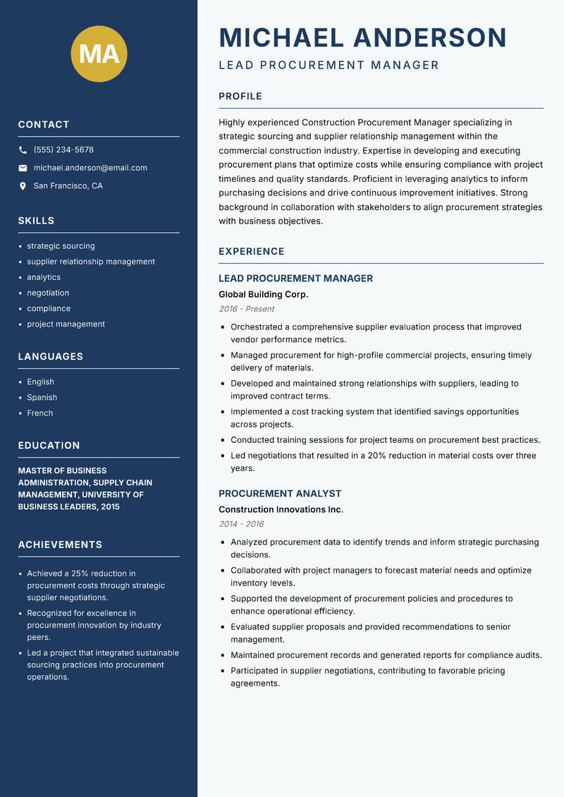 Construction Procurement Manager resume template — Classic Clean