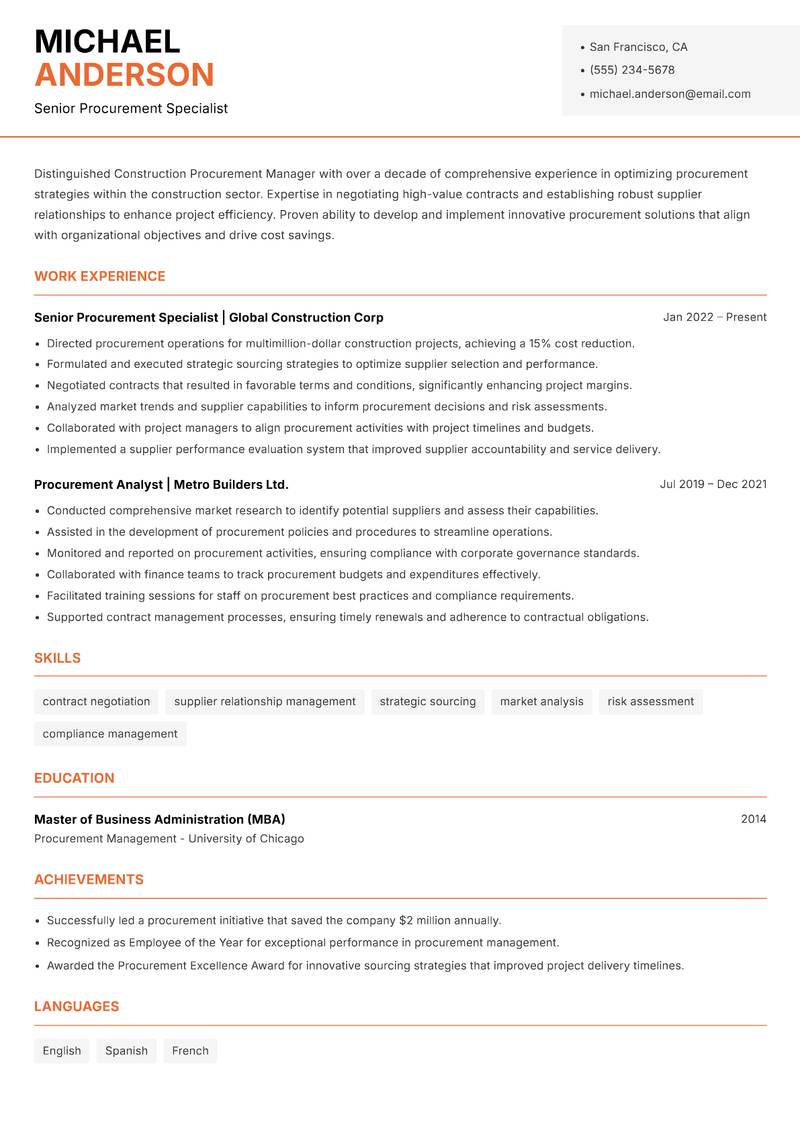 Construction Procurement Manager resume template — Modern Professional